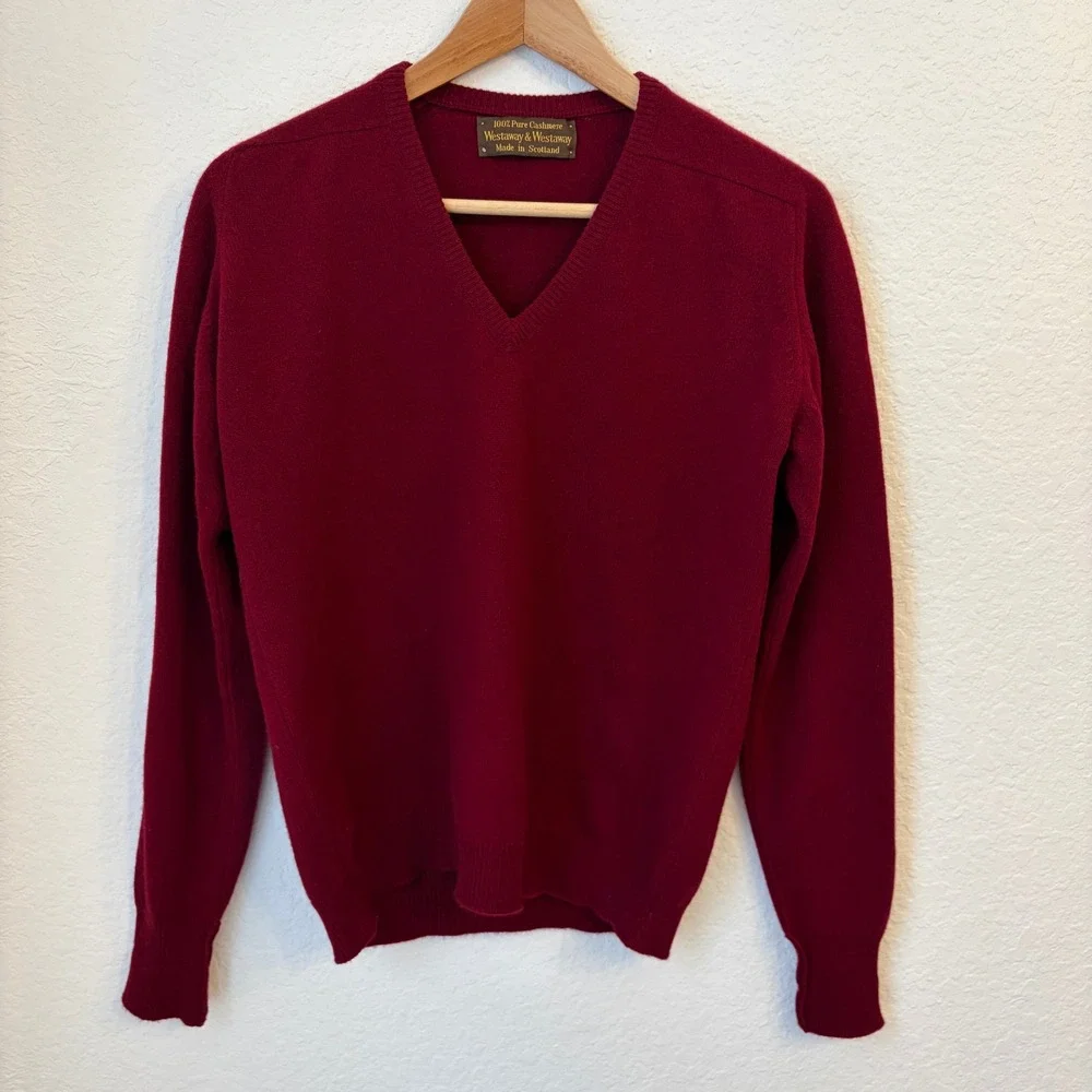 Westaway & Westaway 100% Cashmere Sweater Mens M V-Neck Made in Scotland Maroon - Picture 4 of 7